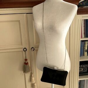 Lulu Townsend black satin evening clutch with rhinestone clasp & optional strap